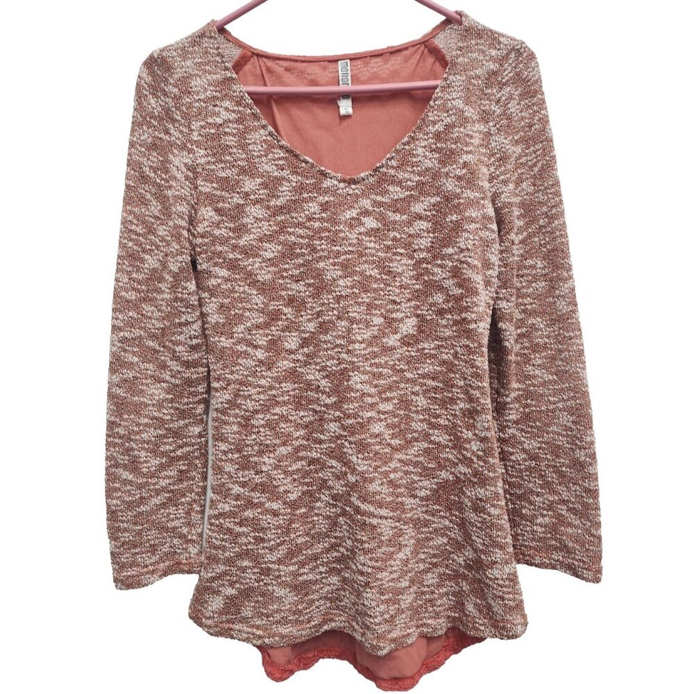 Monoreno BOHO Fairy Tunic Top Womens Size Small Pink Marled Long Sleeve‎ Crochet